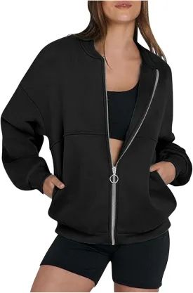Akklian Women's Zip Up Sweatshirt Jacket No Hood Long Sleeve Casual Loose Outwear with Pockets 2024 Oversized Fashion Clothes