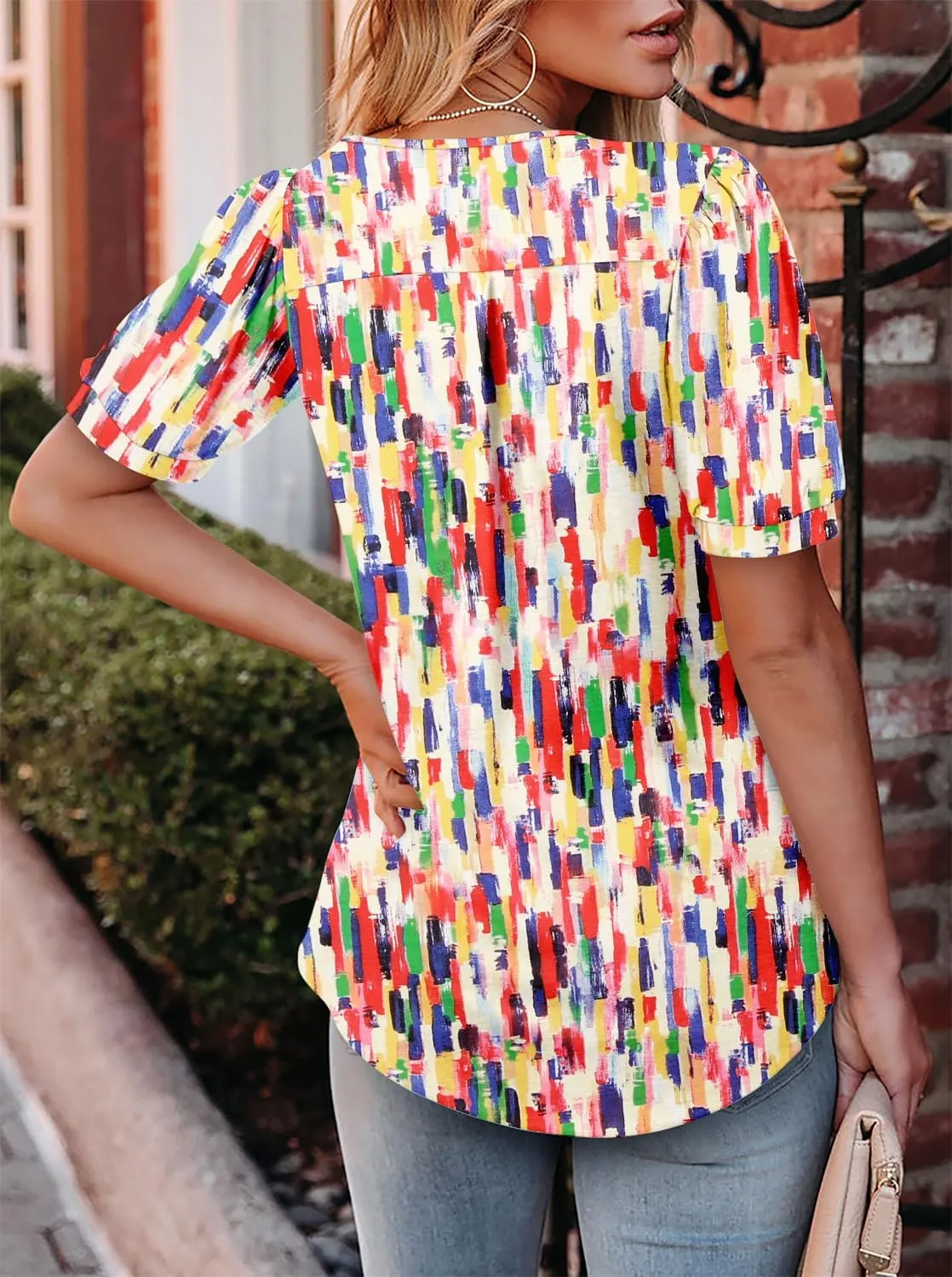 Angerella Women Tunic Tops Dressy Casual Summer Short Sleeve V Neck Shirts Floral Loose Fit Pleated Boho Top S-3XL