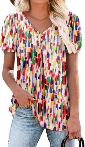 Angerella Women Tunic Tops Dressy Casual Summer Short Sleeve V Neck Shirts Floral Loose Fit Pleated Boho Top S-3XL