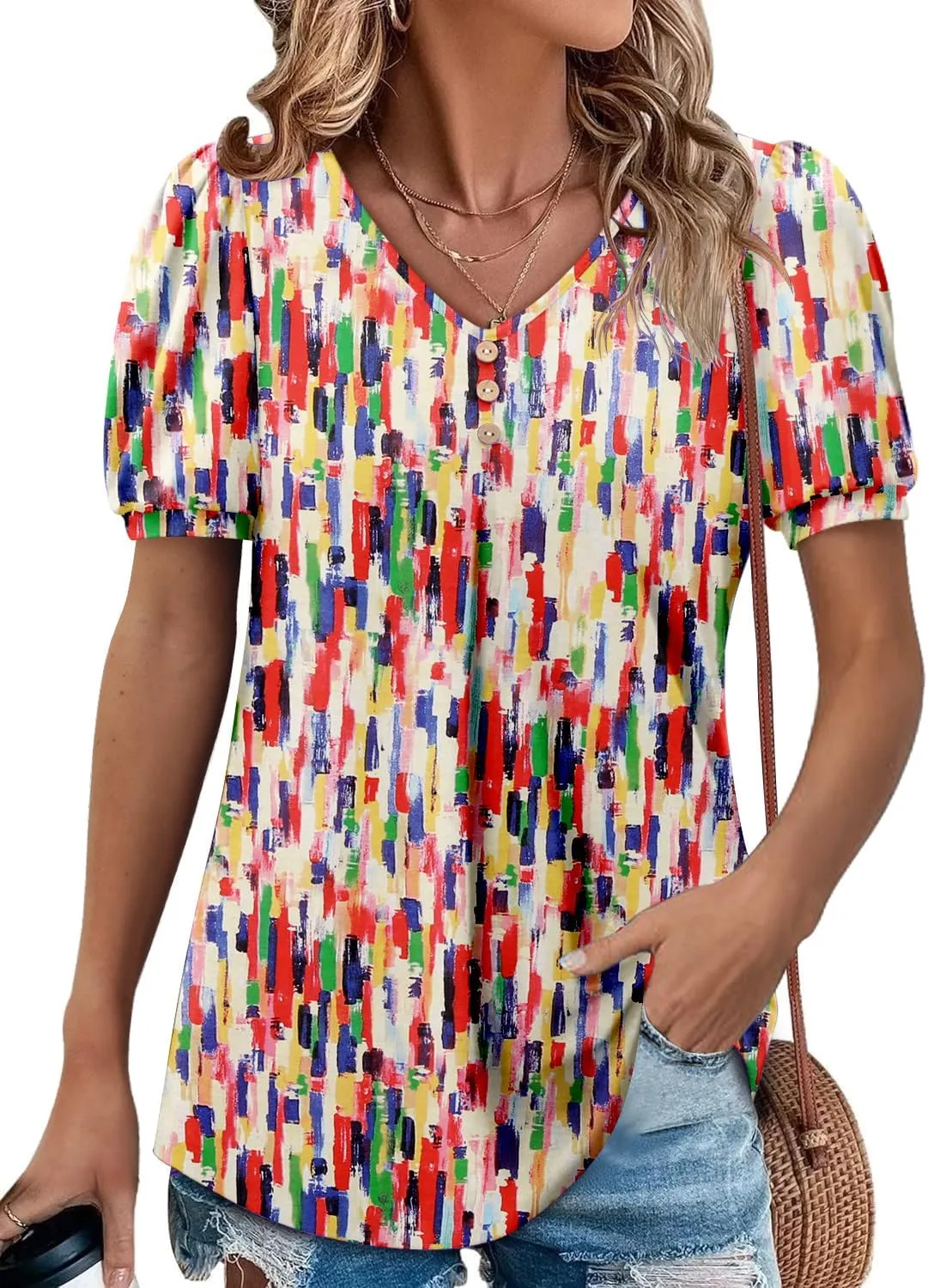 Angerella Women Tunic Tops Dressy Casual Summer Short Sleeve V Neck Shirts Floral Loose Fit Pleated Boho Top S-3XL
