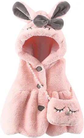 Baby Girl's Rabbit Ear Hoodie Fleece Vest Sleeveless Fuzzy Fleece Hooded Jacket Coat with Bag Winter Warm Outwear