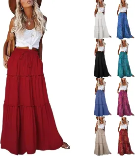 Boho Floral Skirt for Women High Waist A Line Flowy Tiered Skirts Summer Pleated Ruffle Long Maxi Skirt with Pockets
