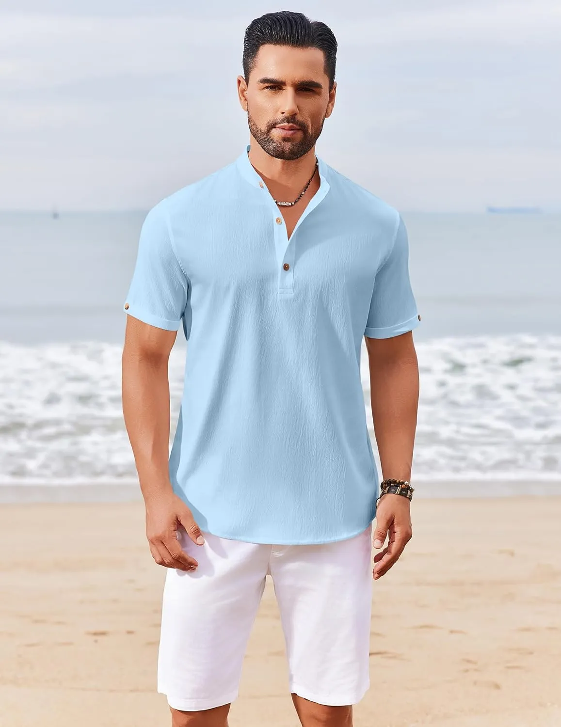 COOFANDY Men's Casual Henley Shirts Short Sleeve Summer Beach T-Shirts Banded Collar Henleys Button Tee Shirt