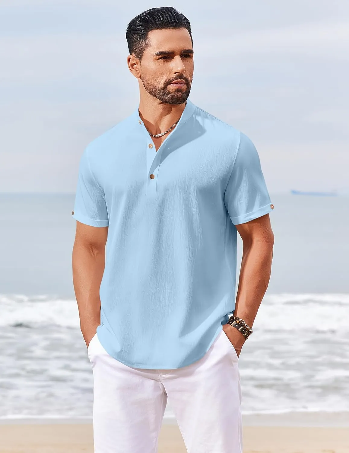 COOFANDY Men's Casual Henley Shirts Short Sleeve Summer Beach T-Shirts Banded Collar Henleys Button Tee Shirt