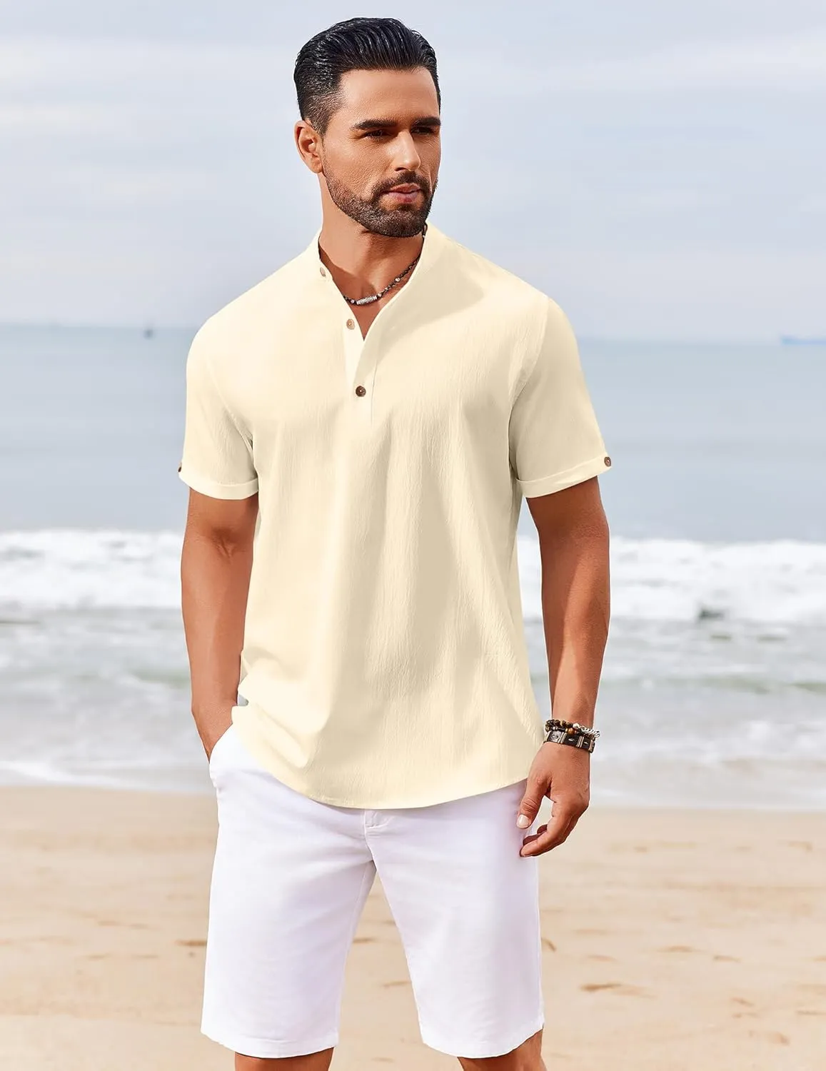 COOFANDY Men's Casual Henley Shirts Short Sleeve Summer Beach T-Shirts Banded Collar Henleys Button Tee Shirt