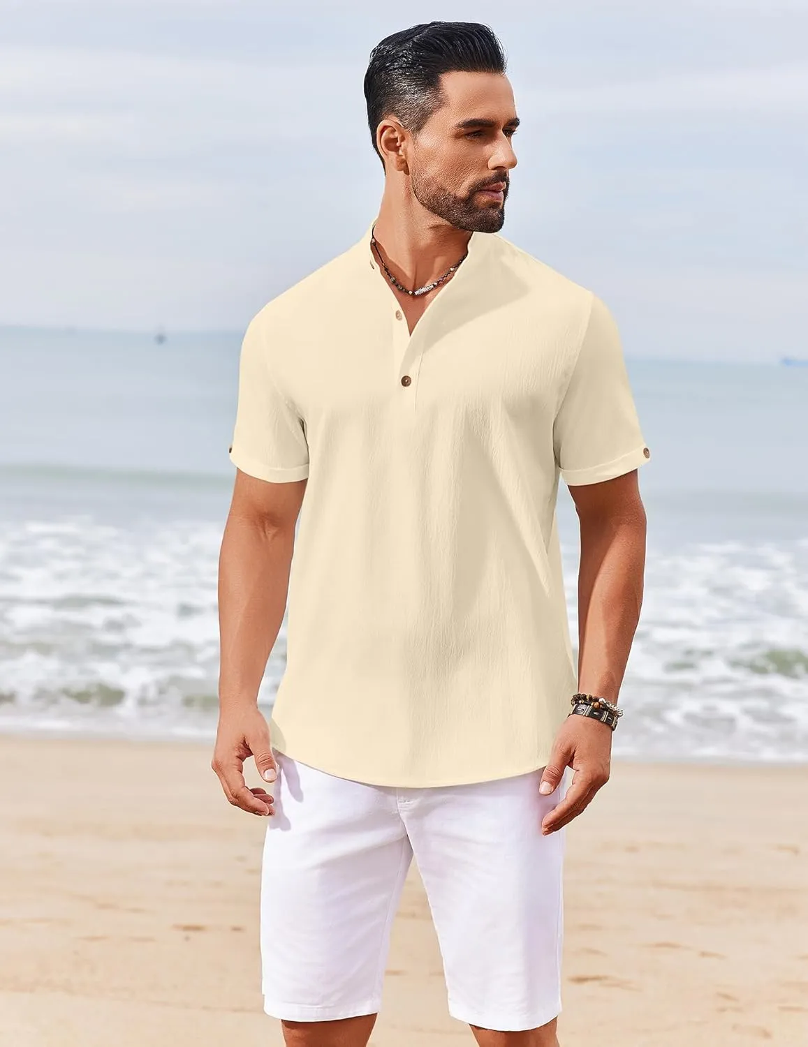 COOFANDY Men's Casual Henley Shirts Short Sleeve Summer Beach T-Shirts Banded Collar Henleys Button Tee Shirt