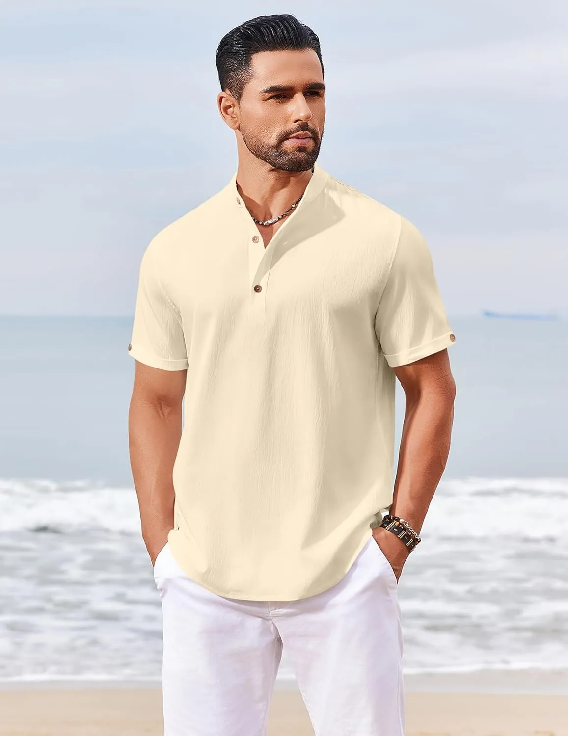 COOFANDY Men's Casual Henley Shirts Short Sleeve Summer Beach T-Shirts Banded Collar Henleys Button Tee Shirt