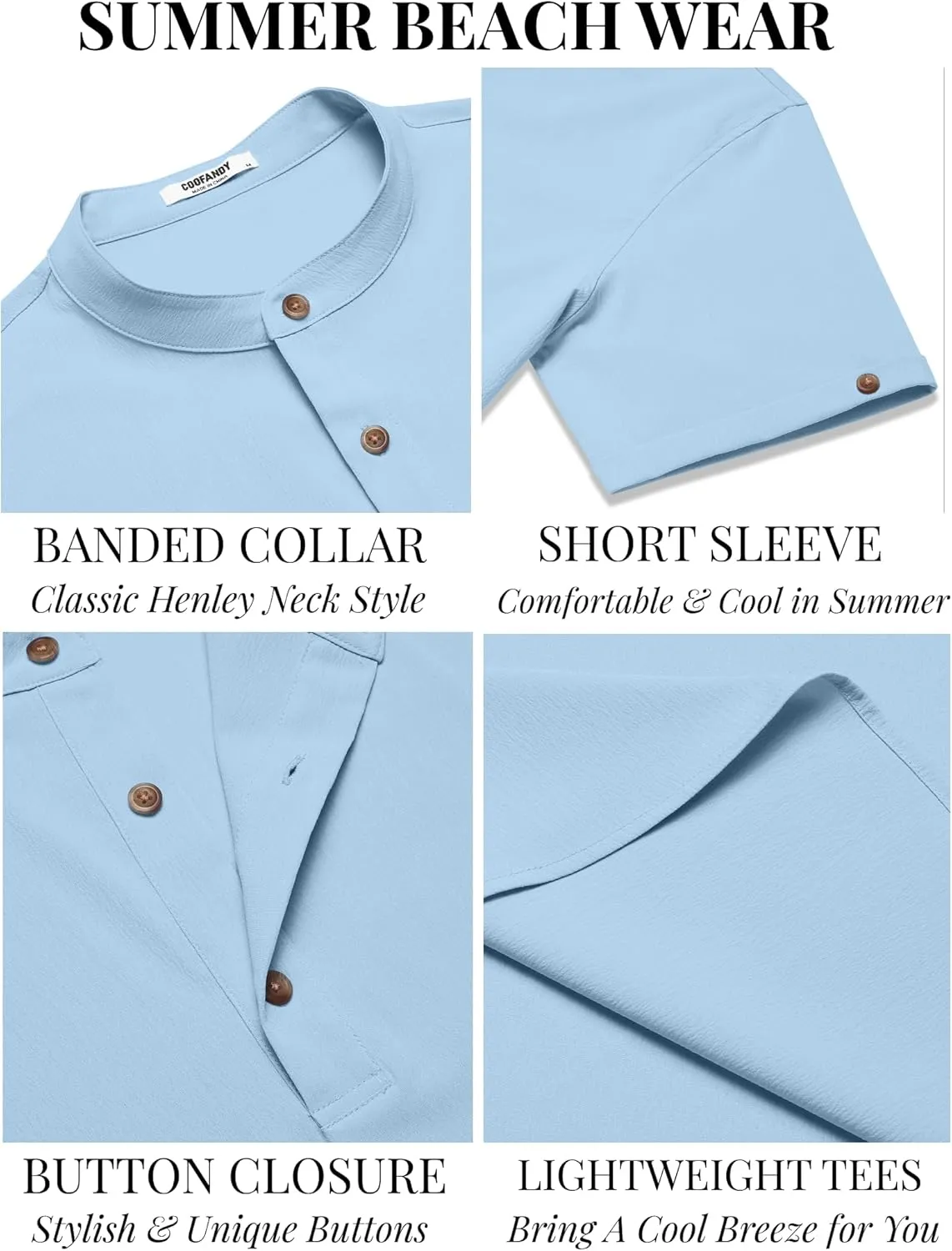 COOFANDY Men's Casual Henley Shirts Short Sleeve Summer Beach T-Shirts Banded Collar Henleys Button Tee Shirt