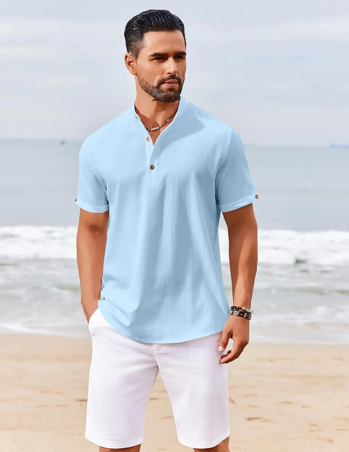 COOFANDY Men's Casual Henley Shirts Short Sleeve Summer Beach T-Shirts Banded Collar Henleys Button Tee Shirt