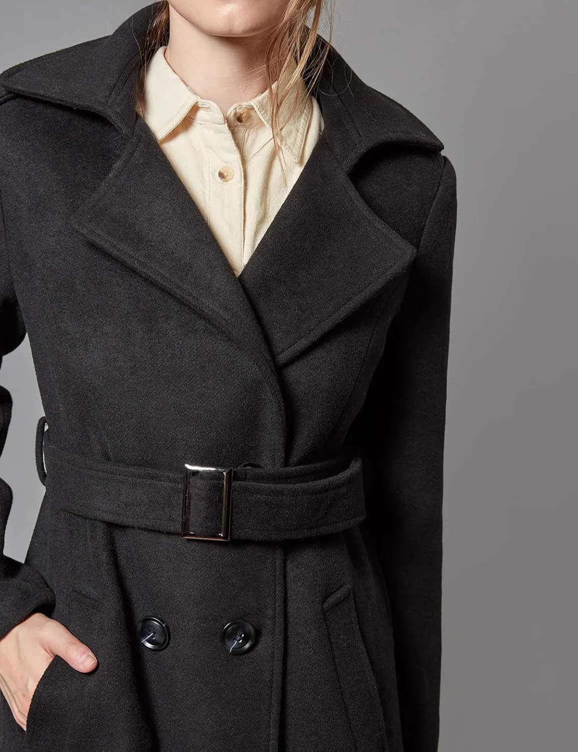 Escalier Womens Wool Coat Double Breasted Pea Coat Winter Long Trench Coat with Belt