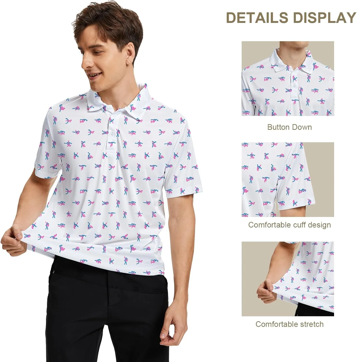 Funny Print Golf Shirts for Men Lightweight Dry-Fit Hawaiian Style Casual Polo with Stretch Fabric for Outdoor & Sports