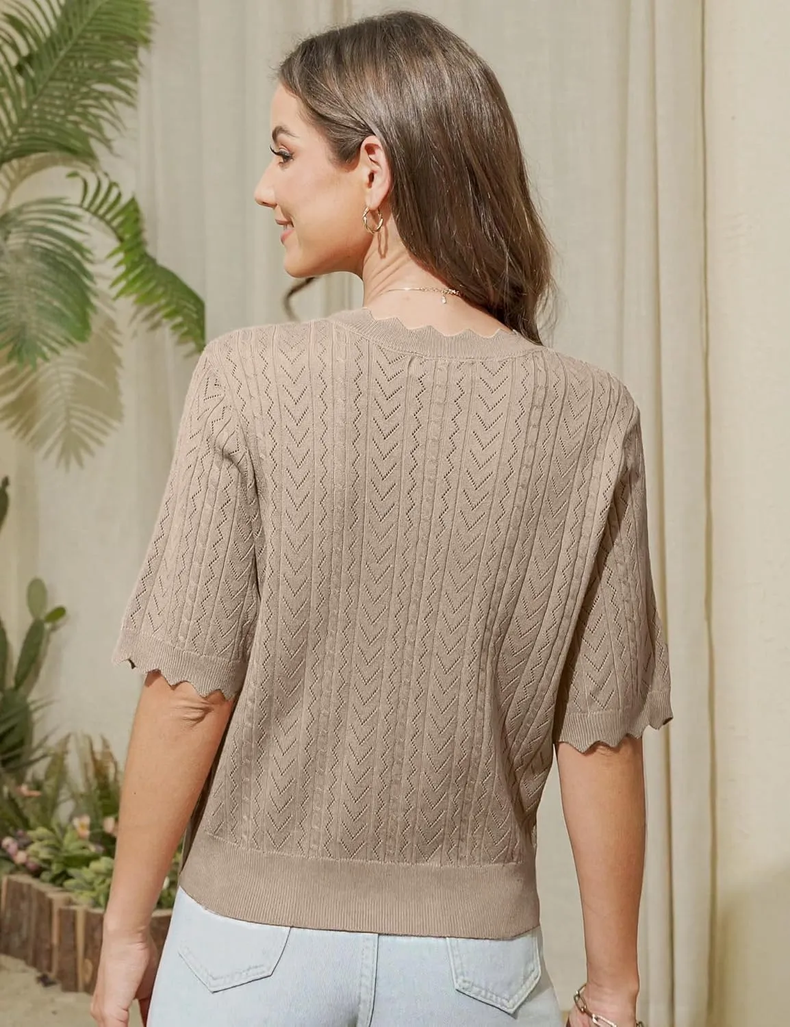 Genhoo Short Sleeve Cardigans for Women Hollow Out Knit Cropped Cardigan Sweater Button Down Lightweight Bolero Shrugs