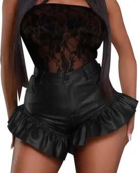 hibshaby Faux Leather Ruffle Shorts Sexy High Waist Leather Shorts Black PU Shorts for Women