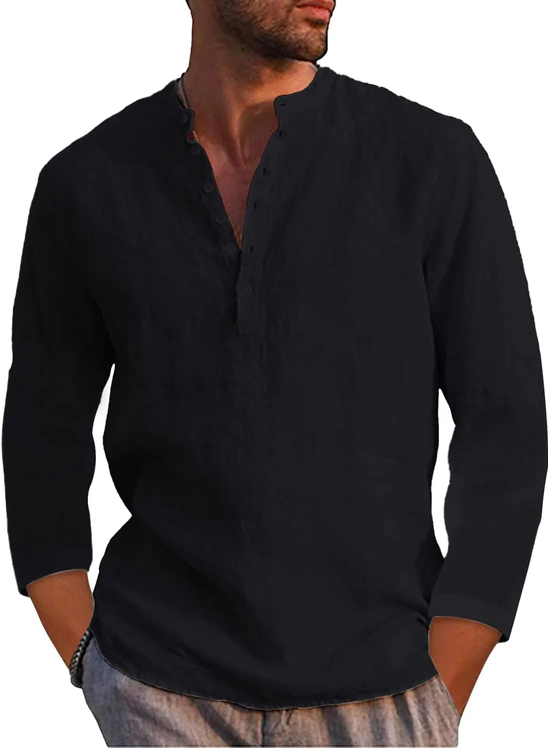 Karlywindow Mens Linen Henley Shirts Long Sleeve Hippie Yoga Summer Beach Casual Henleys T-Shirt