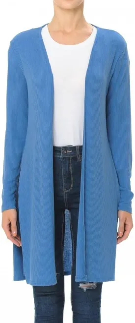 Khanomak Long Sleeve Ribbed Longline Cardigan Duster with Side Slit