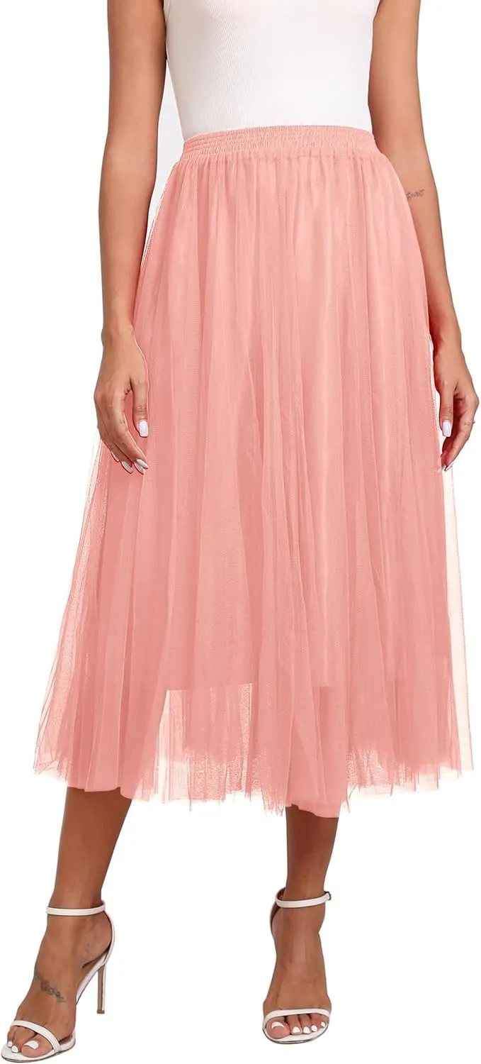 Kingfancy Women's Winter Skirts 2 Layered Tulle Tiered Long Skirts Elastic Waist A-Line Midi Skirts