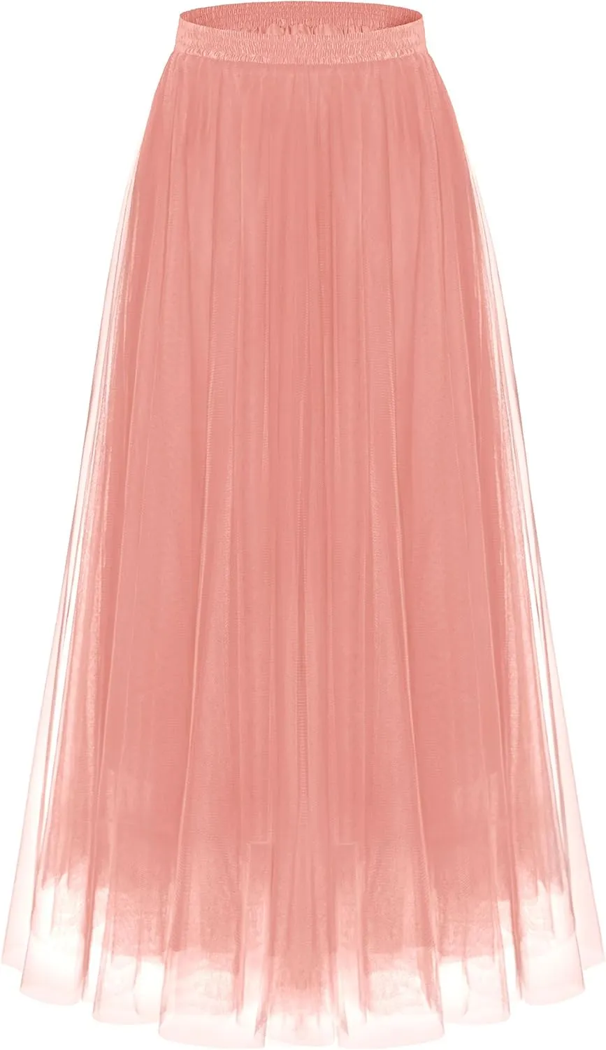 Kingfancy Women's Winter Skirts 2 Layered Tulle Tiered Long Skirts Elastic Waist A-Line Midi Skirts