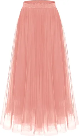 Kingfancy Women's Winter Skirts 2 Layered Tulle Tiered Long Skirts Elastic Waist A-Line Midi Skirts