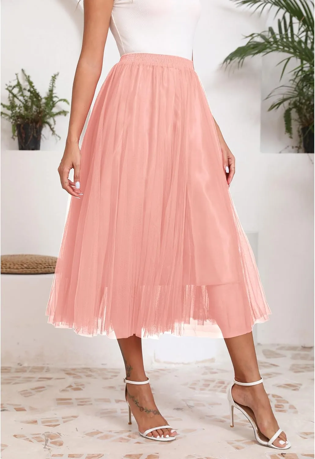 Kingfancy Women's Winter Skirts 2 Layered Tulle Tiered Long Skirts Elastic Waist A-Line Midi Skirts