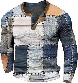 Long Sleeve Henley Shirts for Men Casual 1/4 Button Plaid Printed Color Block Distressed Vintage Sweatshirts Plus Size Tops