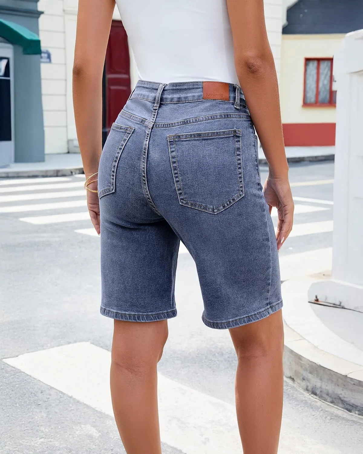 luvamia Bermuda Jean Shorts for Women High Waisted Trendy Stretchy Denim Shorts Knee Length Cutoff Loose Fit Long Shorts