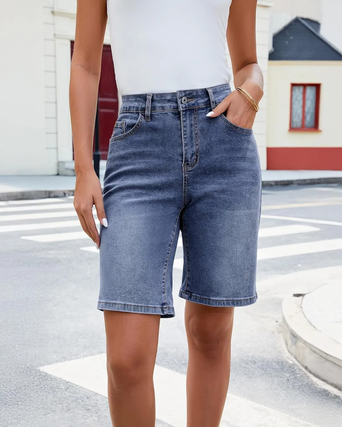luvamia Bermuda Jean Shorts for Women High Waisted Trendy Stretchy Denim Shorts Knee Length Cutoff Loose Fit Long Shorts