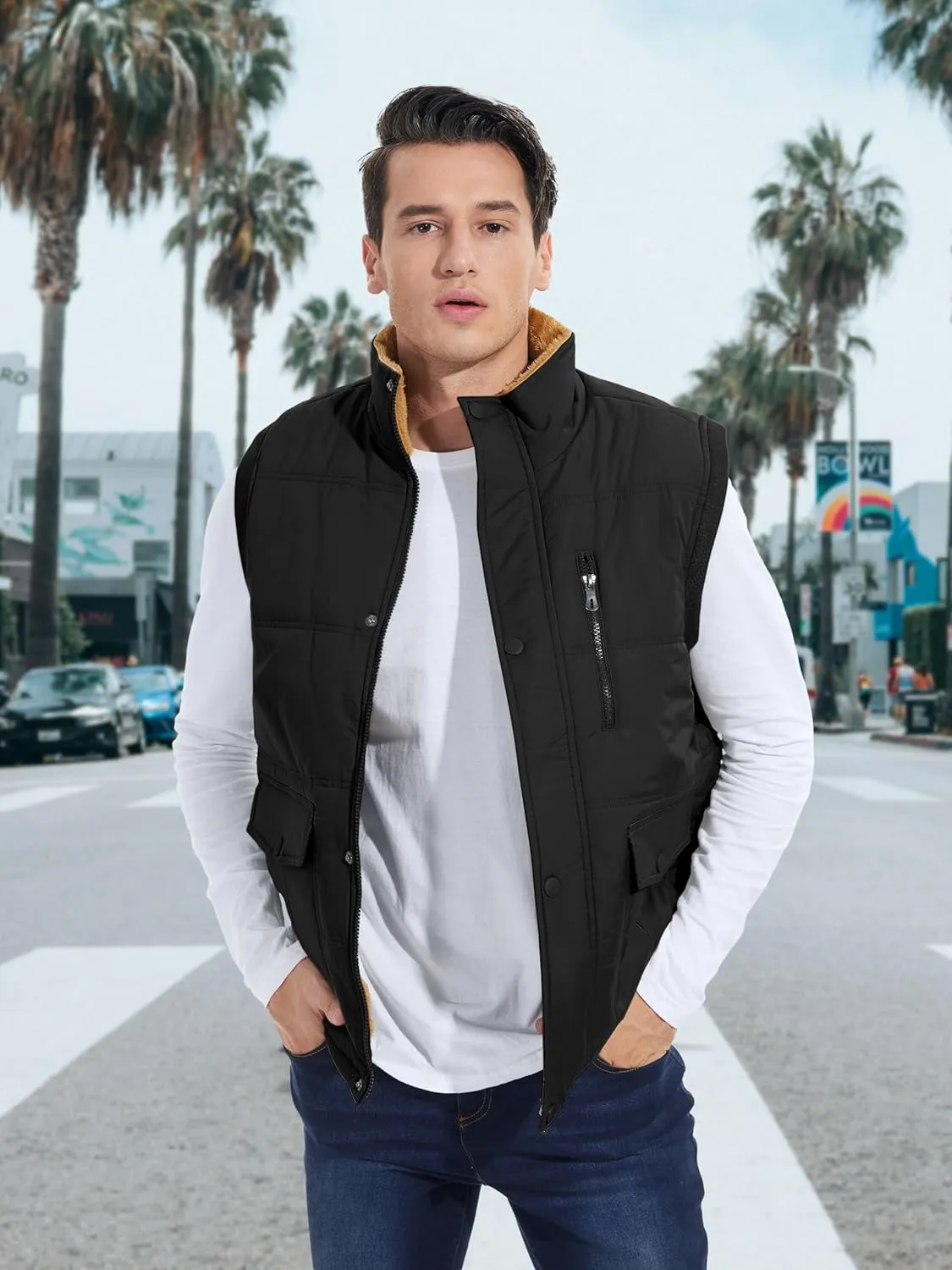 MAGCOMSEN Mens Winter Vests Outerwear Fleece Lined Puffer Vest Warm Casual Quilted Vest Bubble Sherpa Vest Jacket