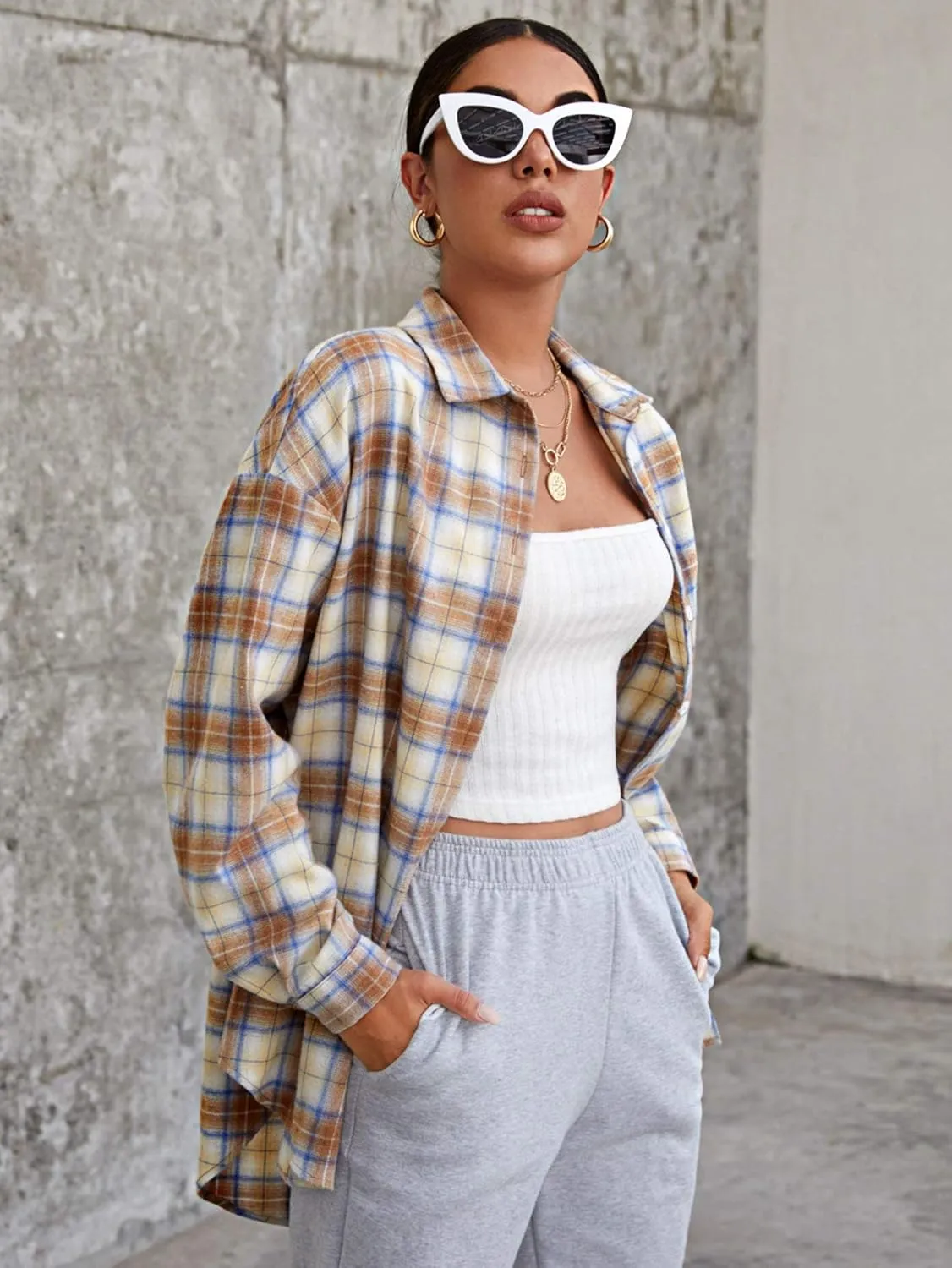 MakeMeChic Women's Plaid Shirts Oversized Flannels Shacket Jacket