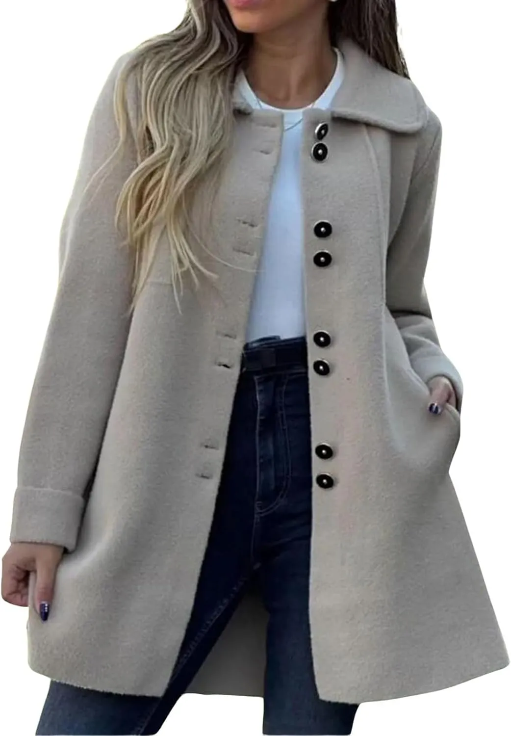 Mmoneyake Womens Pea Coat Elegant Single Breasted Trench Coat Classic Wool Blend Overcoat Warm Winter Dress Coat Plus Size