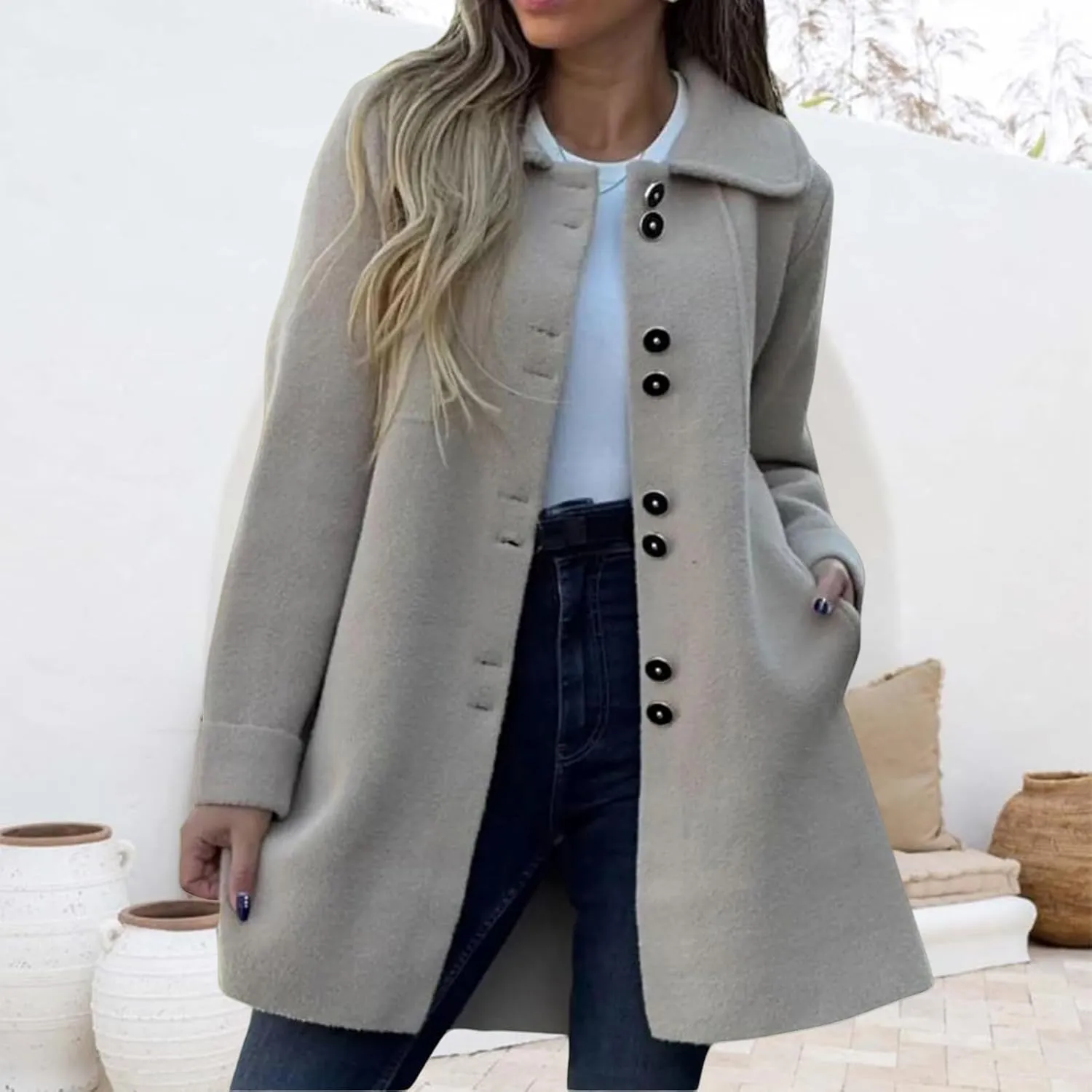 Mmoneyake Womens Pea Coat Elegant Single Breasted Trench Coat Classic Wool Blend Overcoat Warm Winter Dress Coat Plus Size