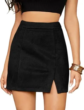 Mulisky Skirts for Women, Faux Suede High Waist Side Split Zipper Mini Skirts