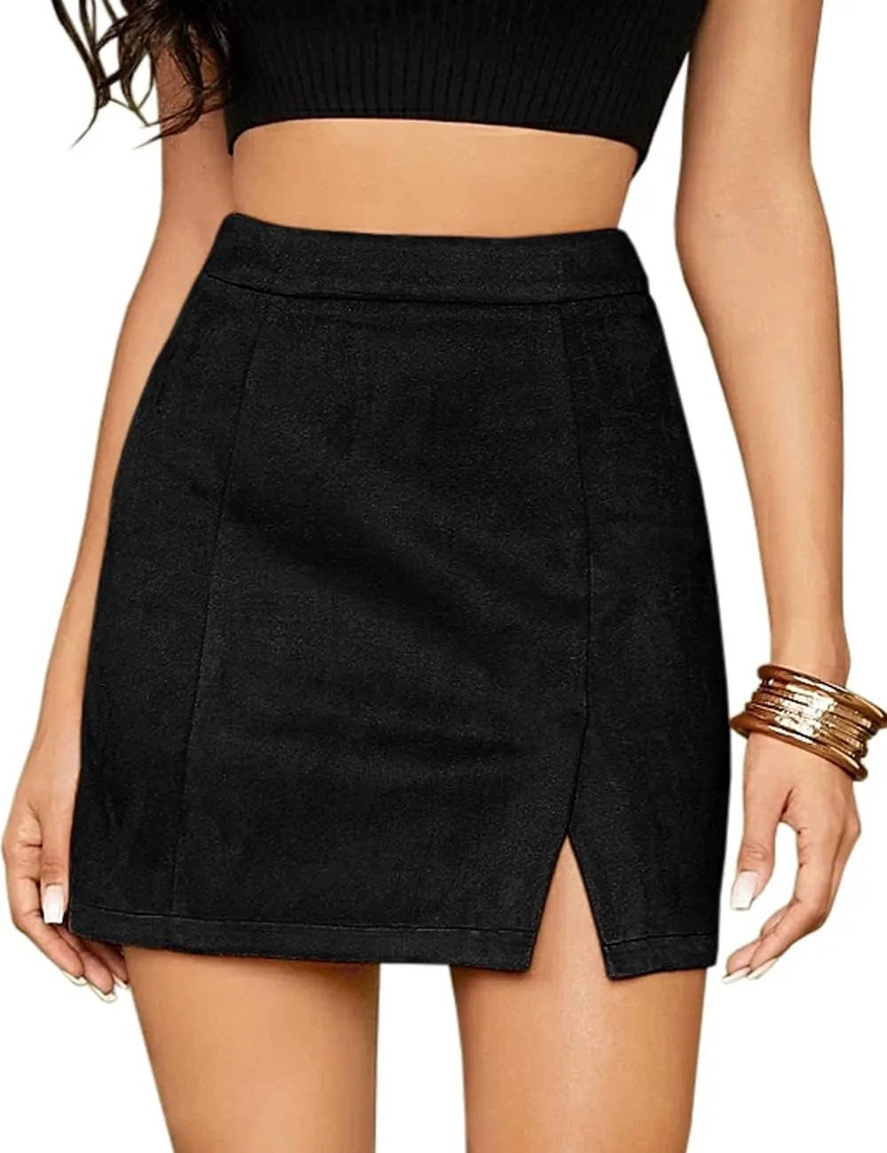 Mulisky Skirts for Women, Faux Suede High Waist Side Split Zipper Mini Skirts