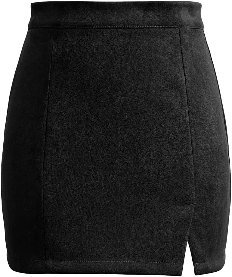 Mulisky Skirts for Women, Faux Suede High Waist Side Split Zipper Mini Skirts