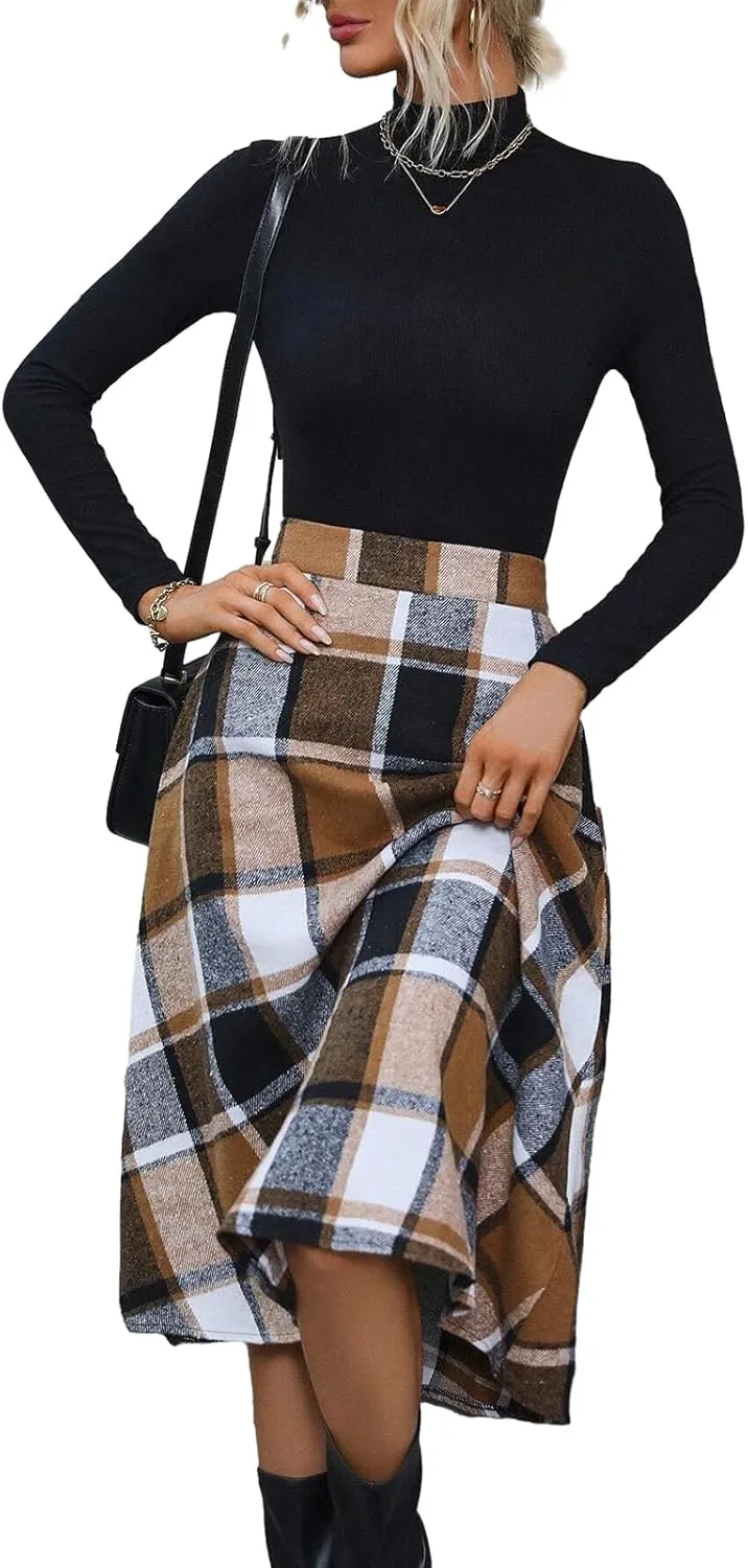Plaid Skirts for Women High Waist Wool Skirts A-Line Tartan Midi Skirts