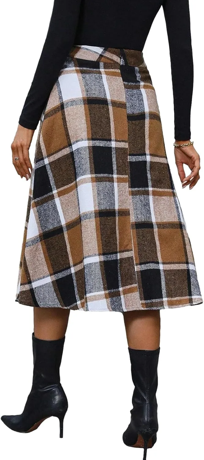 Plaid Skirts for Women High Waist Wool Skirts A-Line Tartan Midi Skirts