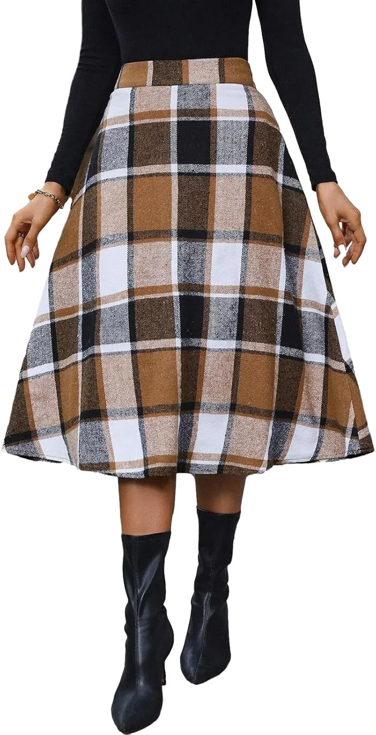 Plaid Skirts for Women High Waist Wool Skirts A-Line Tartan Midi Skirts