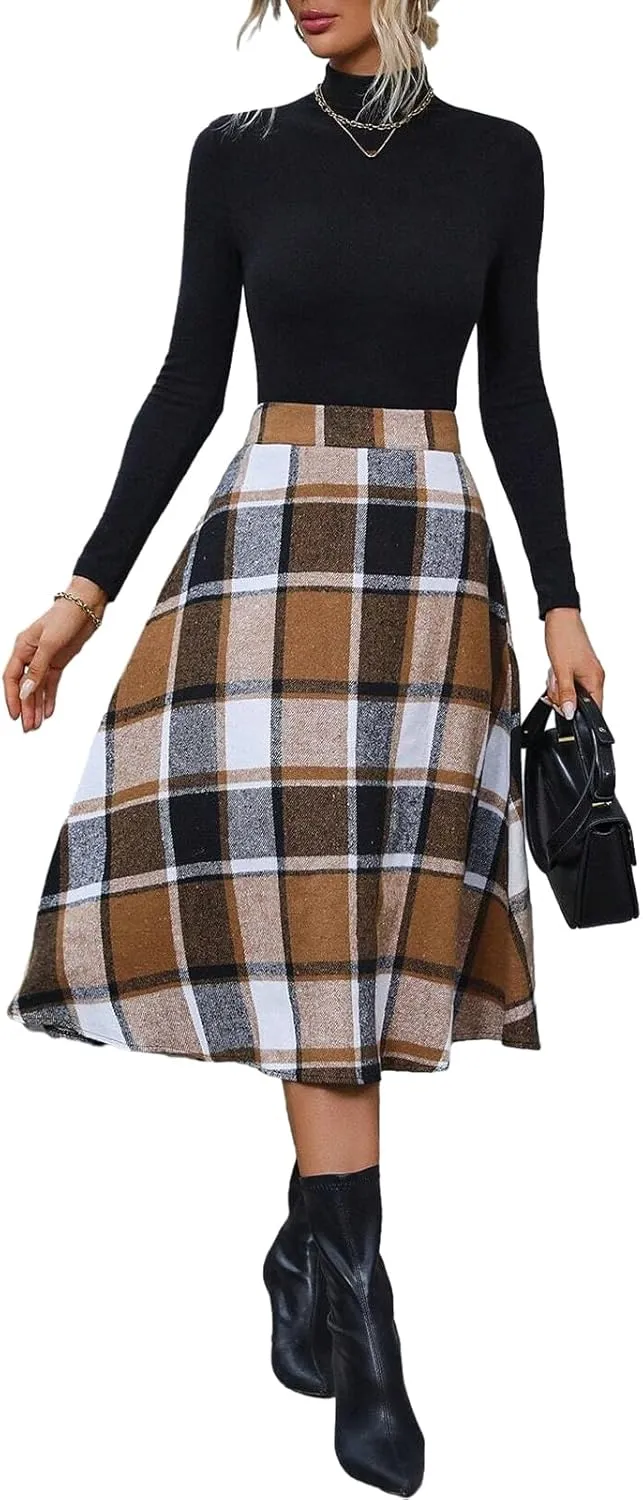 Plaid Skirts for Women High Waist Wool Skirts A-Line Tartan Midi Skirts