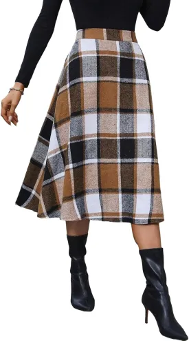 Plaid Skirts for Women High Waist Wool Skirts A-Line Tartan Midi Skirts