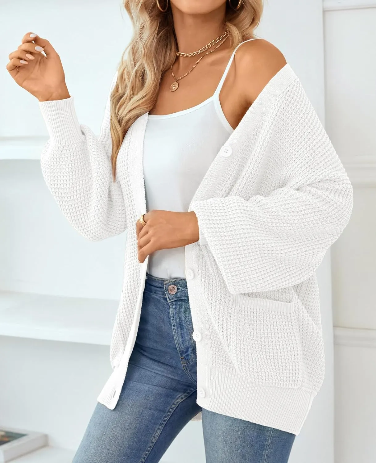 QUALFORT Women's Cardigan Sweater 100% Cotton Button-Down Long Sleeve Oversized Knit Cardigans with Pockets