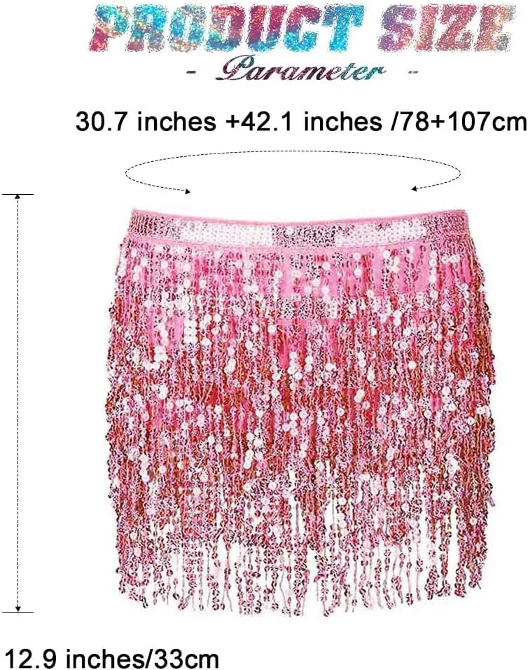 REETAN Fringe Sequin Skirt Belly Dance Sparkly Tassel Skirts for Women