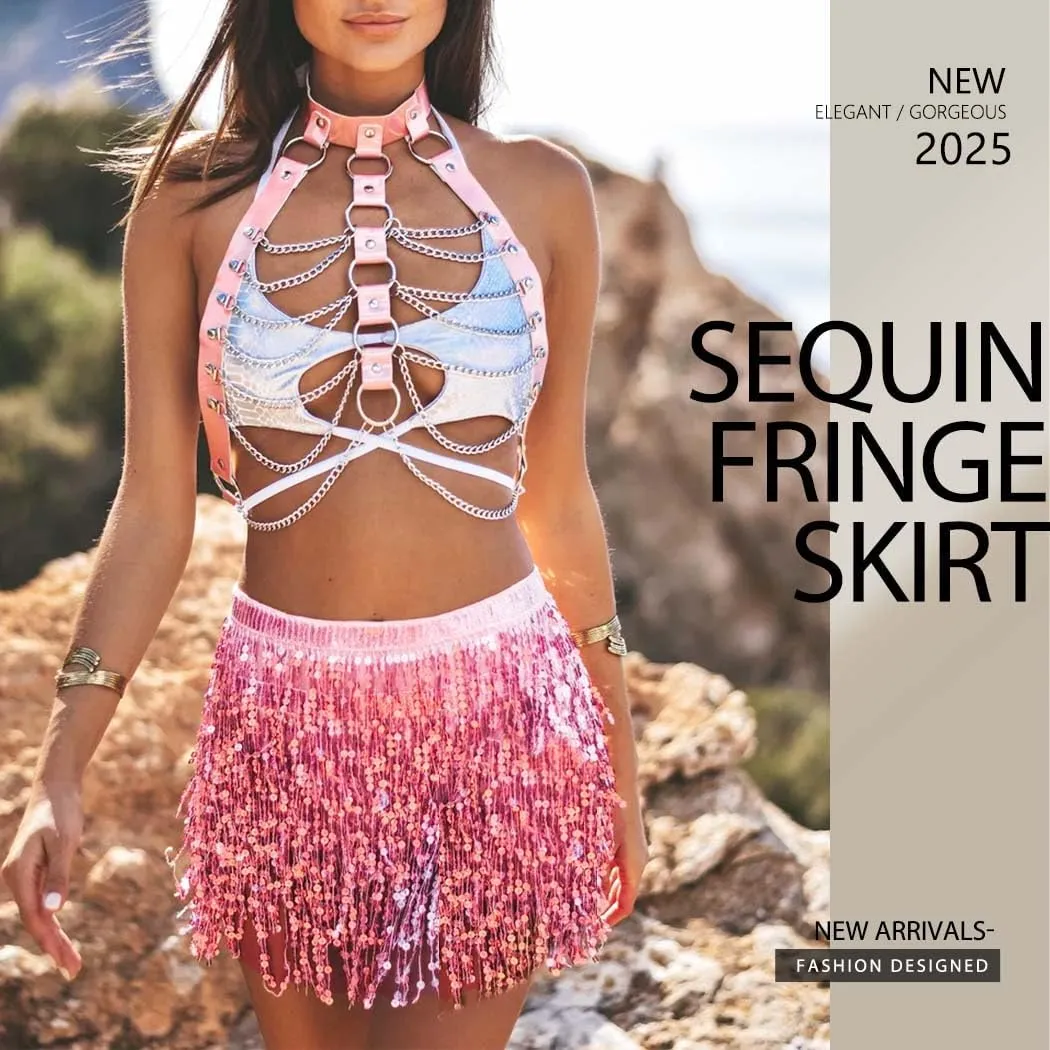 REETAN Fringe Sequin Skirt Belly Dance Sparkly Tassel Skirts for Women
