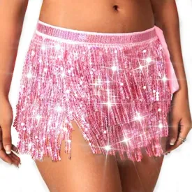 REETAN Fringe Sequin Skirt Belly Dance Sparkly Tassel Skirts for Women