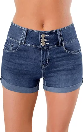 roswear Women's High Waisted Stretchy Denim Shorts Cuffed Jean Shorts