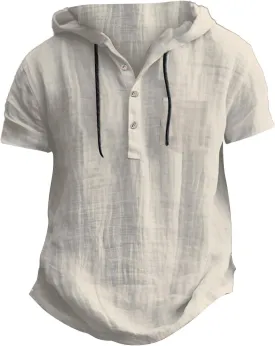 Short Sleeve Hoodies for Men Cotton Linen Casual Loose Fit Hoodies Lightweight Summer Sports Hiking Button Down Tshirts