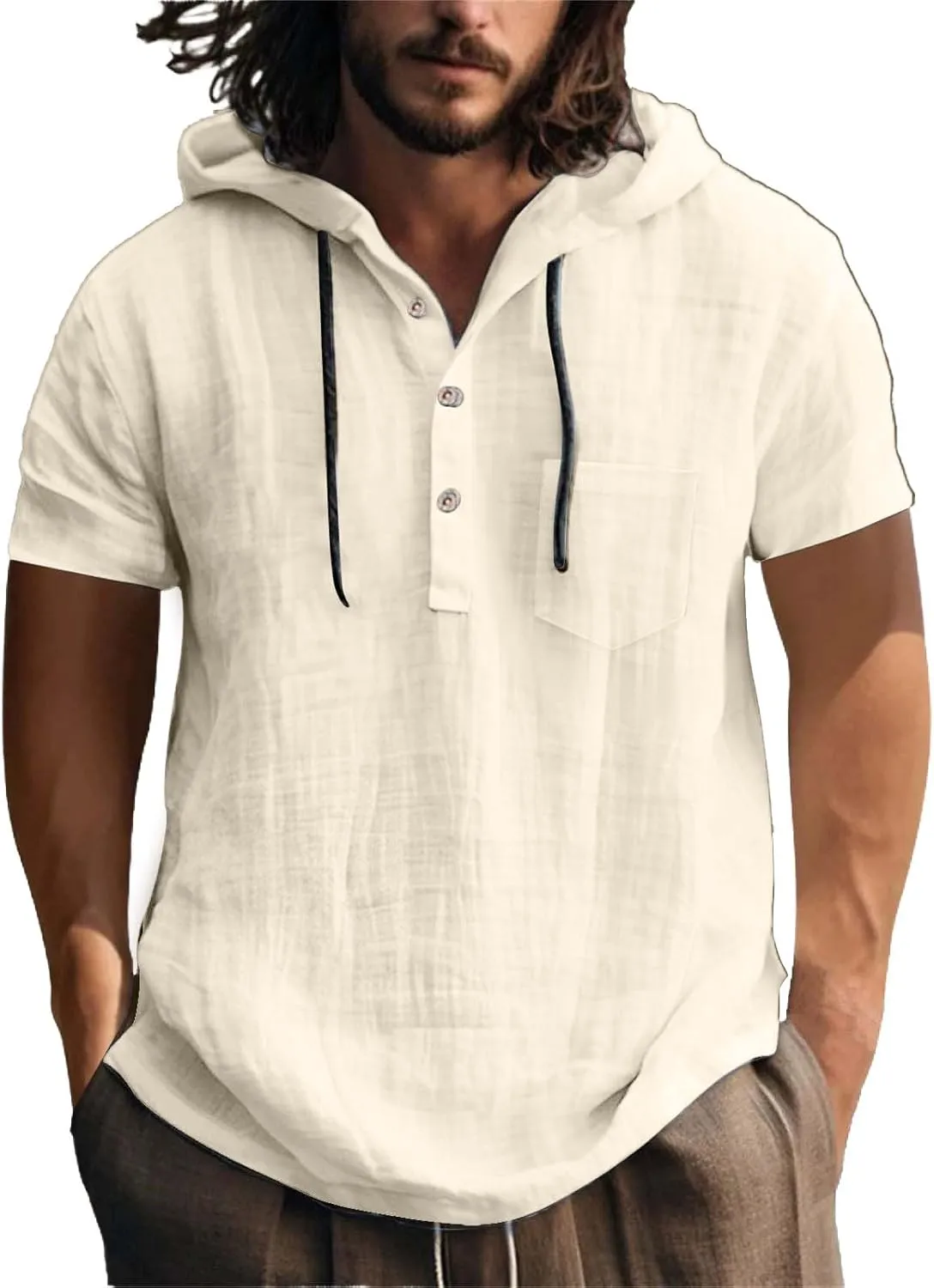 Short Sleeve Hoodies for Men Cotton Linen Casual Loose Fit Hoodies Lightweight Summer Sports Hiking Button Down Tshirts