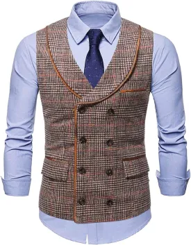 Stoota Mens Casual Suede Vest Jacket, Retro Double-Breasted Suit Vest, Classic Plaid Stripe Lapel Collar Dress Waistcoat