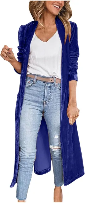 TANGNADE Women Long Velvet Cardigan Jacket Lapel Collar Open Front Vintage Velour Blazers for Party Wedding Outfits