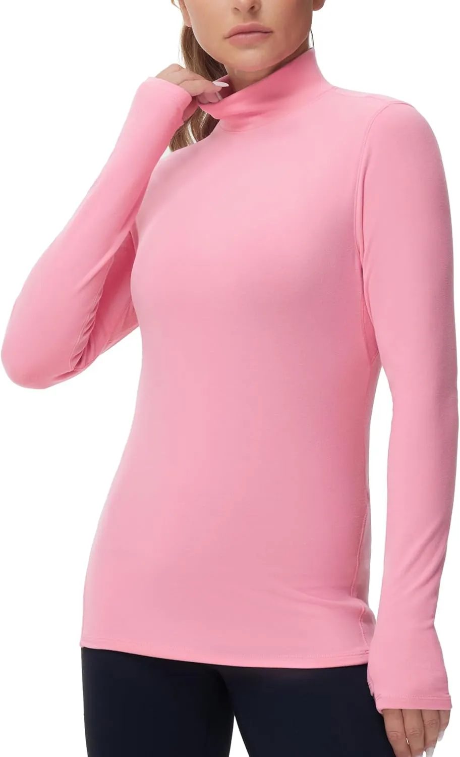 THE GYM PEOPLE Women's Mock Turtleneck Long Sleeve Shirts Fleece Thermal Underwear Pullover Tops with Thumb Hole