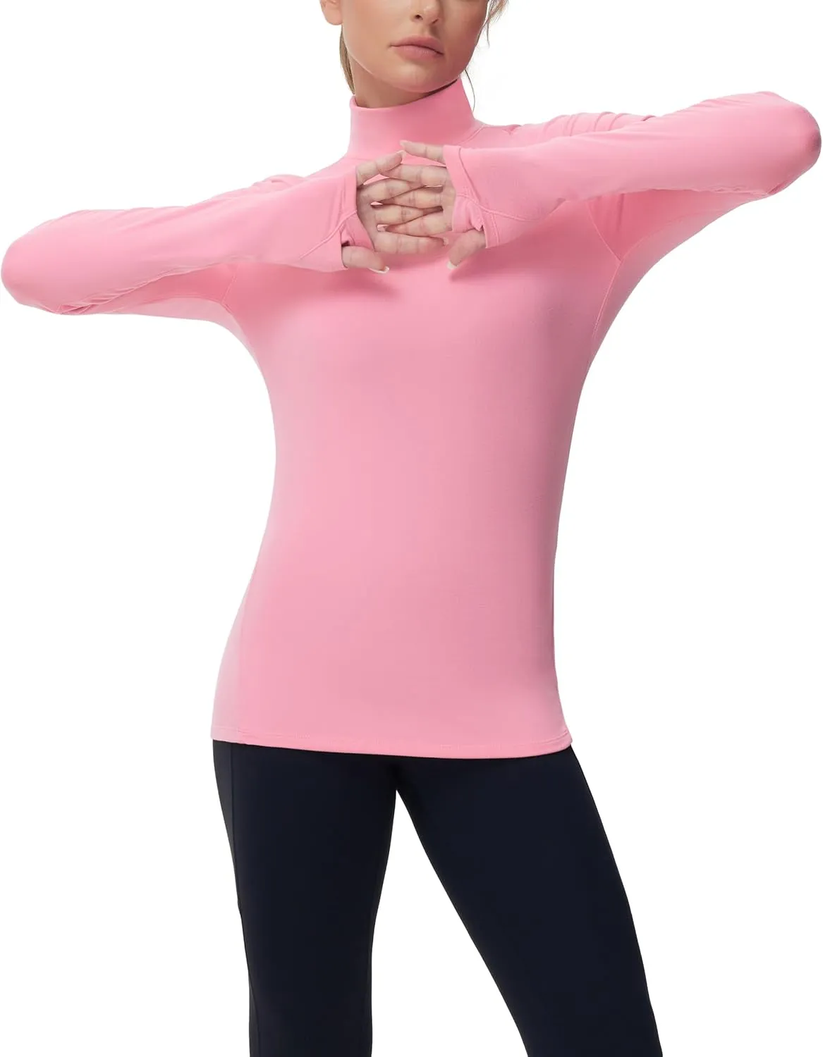 THE GYM PEOPLE Women's Mock Turtleneck Long Sleeve Shirts Fleece Thermal Underwear Pullover Tops with Thumb Hole