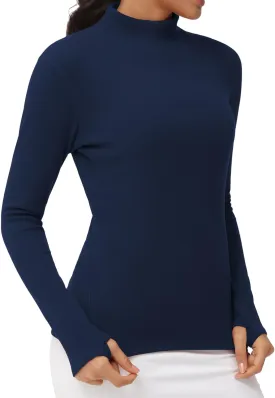 THE GYM PEOPLE Women's Mock Turtleneck Long Sleeve Shirts Fleece Thermal Underwear Pullover Tops with Thumb Hole
